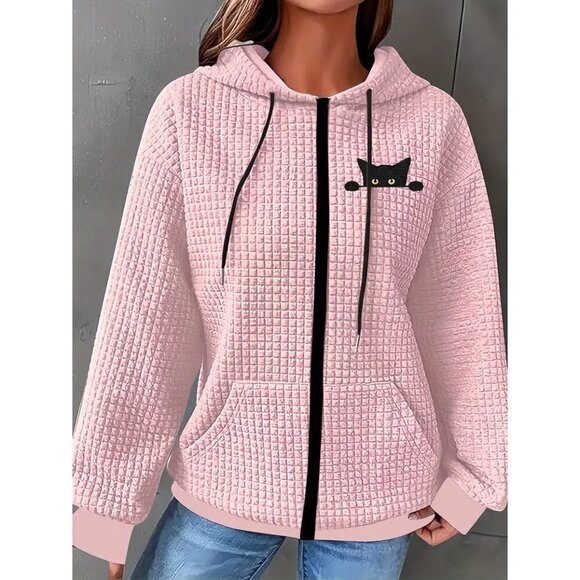 Spy Cat Mom Cozy Pink Casual Waffle Knit Graphic Hoodie Polyester XXL - Picture 1 of 3